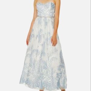 Jackie Jon Maxi Dress Blue White Glitter Beaded Embellished Lace Up Back